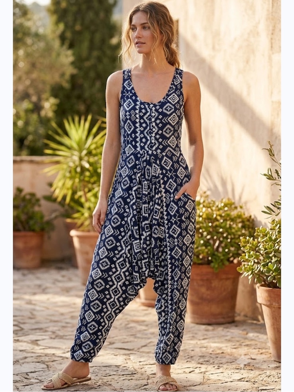 Sleeveless Navy & White Printed Harem Jumpsuit size s/M